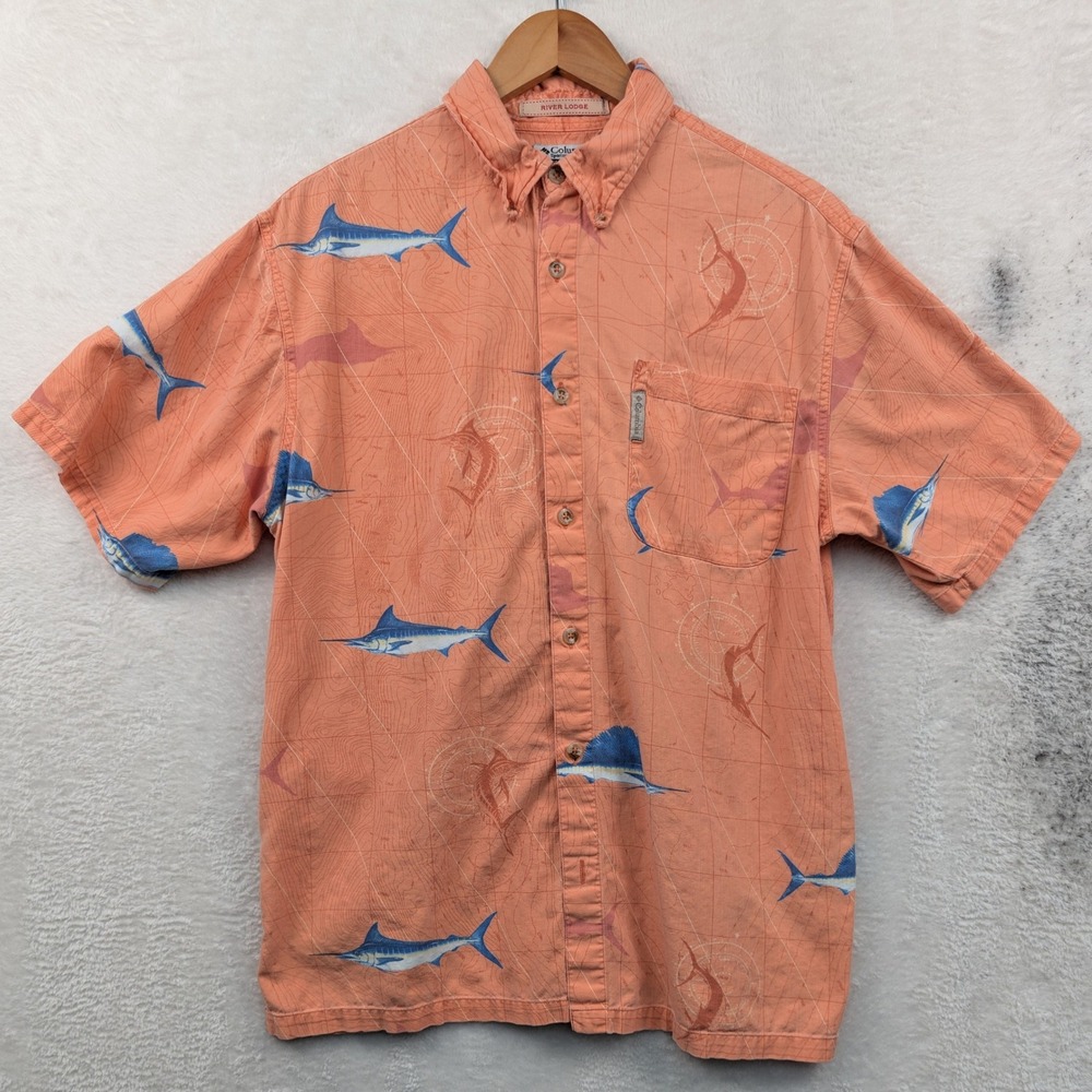 Columbia Button Down Shirt Men's M Orange PFG River Lodge Marlin Fish Nautical